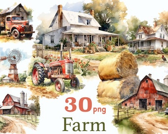 Farmhouse clipart, for Journaling, Scrapbooking, Junk Journal Kit, farm barns clipart, farmhouse clipart landscape, Farm Barn Watercolor