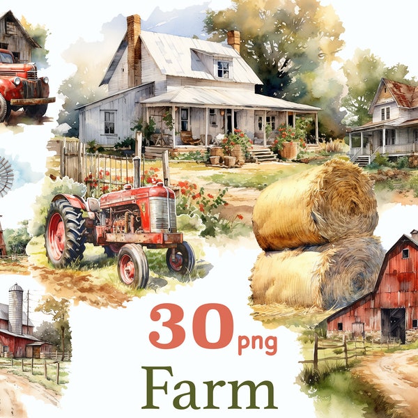 Farmhouse clipart, for Journaling, Scrapbooking, Junk Journal Kit, farm barns clipart, farmhouse clipart landscape, Farm Barn Watercolor