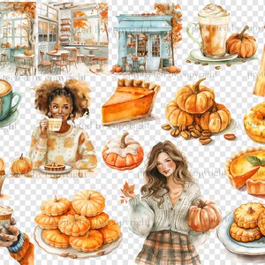 Pu&ograve; includere: Illustrazioni ad acquerello con temi autunnali. Include immagini di zucche, prodotti da forno come torte e cupcake, caff&egrave; e scene di caff&egrave;. La tavolozza dei colori &egrave; calda con toni arancioni, marroni e verde acqua.