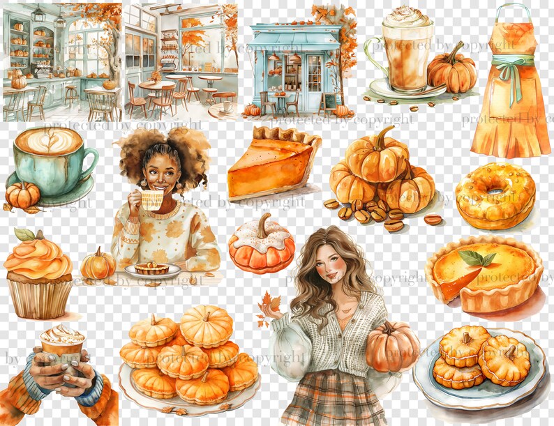 Pu&ograve; includere: Illustrazioni ad acquerello con temi autunnali. Include immagini di zucche, prodotti da forno come torte e cupcake, caff&egrave; e scene di caff&egrave;. La tavolozza dei colori &egrave; calda con toni arancioni, marroni e verde acqua.