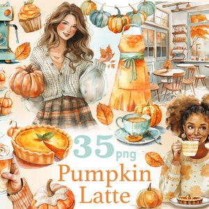 Pompoen latte clipart, herfstkoffie clipart, herfst Sweet Treats png, herfst koffiehuis png, meisje met pompoen png, koffie clipart, latte