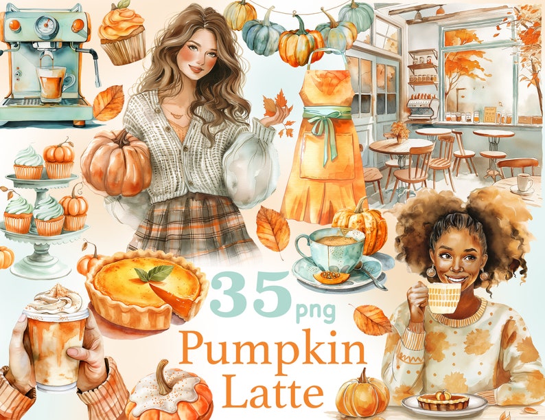 Pu&ograve; includere: Illustrazione ad acquerello a tema autunnale, con zucche, prodotti da forno e persone che gustano il caff&egrave;. L'immagine include il testo "35 png Pumpkin Latte". La tavolozza dei colori &egrave; calda, con sfumature di arancione, marrone e crema.