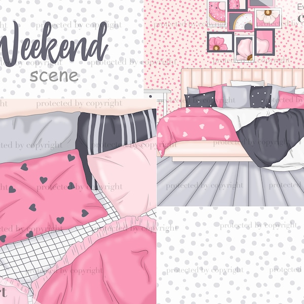 Weekend bundle clipart files, Relax clip art, weekend clip art, day off clipart, Pajama party clipart, cozy home clipart scene Background