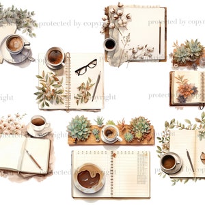 May include: A collection of watercolor illustrations featuring coffee cups, open notebooks, pencils, glasses, and succulents. The illustrations are in a light brown and green color palette.