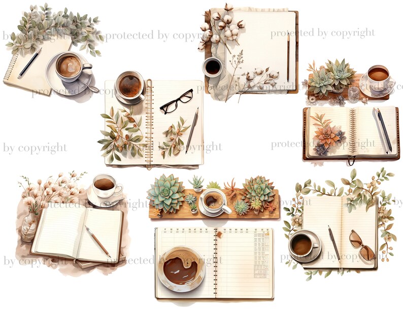 May include: A collection of watercolor illustrations featuring coffee cups, open notebooks, pencils, glasses, and succulents. The illustrations are in a light brown and green color palette.