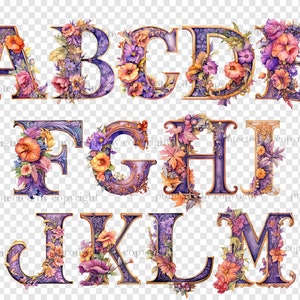 Watercolor tea party autumn alphabet letters. Halloween font for invitations letters A, B, C, D, E, F, G, H, I, J, K, L, M. Purple color alphabet with orange, red, purple colors. Floral fall font PNG Bundle. Baby Shower Letters