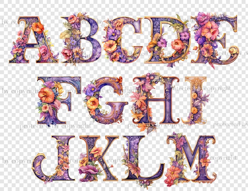 Watercolor tea party autumn alphabet letters. Halloween font for invitations letters A, B, C, D, E, F, G, H, I, J, K, L, M. Purple color alphabet with orange, red, purple colors. Floral fall font PNG Bundle. Baby Shower Letters