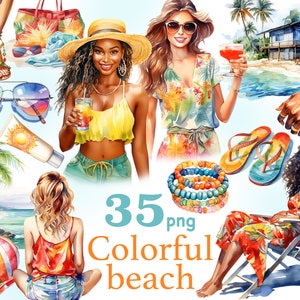 Colorful beach clipart, bright beach clipart, summer girl clipart, summer black woman png, beach day clipart, hello summer clipart, vacation