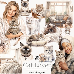 Image clipart amoureux des chats, clipart fille noire, clipart de races de chat, aquarelle de chats, téléchargement numérique, graphiques de chat, clipart chaton, clipart kitty