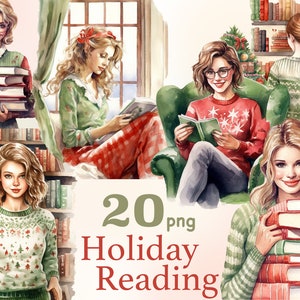 Urlaub lesen Mädchen Clipart, Winter lesen Clipart, Weihnachten Mädchen Clipart, Leser Clipart, Bücher Bundle png, Buchliebhaber ästhetische png