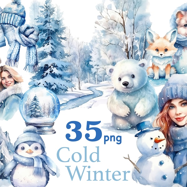 Cold winter clipart png, Outside winter clipart, cozy winter clipart, Winter Wonderland Clipart Bundle, cute winter animals clipart png