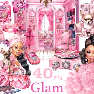 Mode zwart meisje clipart png, clipart uit de jaren 2000, luxe clipart bundel, mode iconen sublimatie, Glam Life clipart set, roze grafische bundel