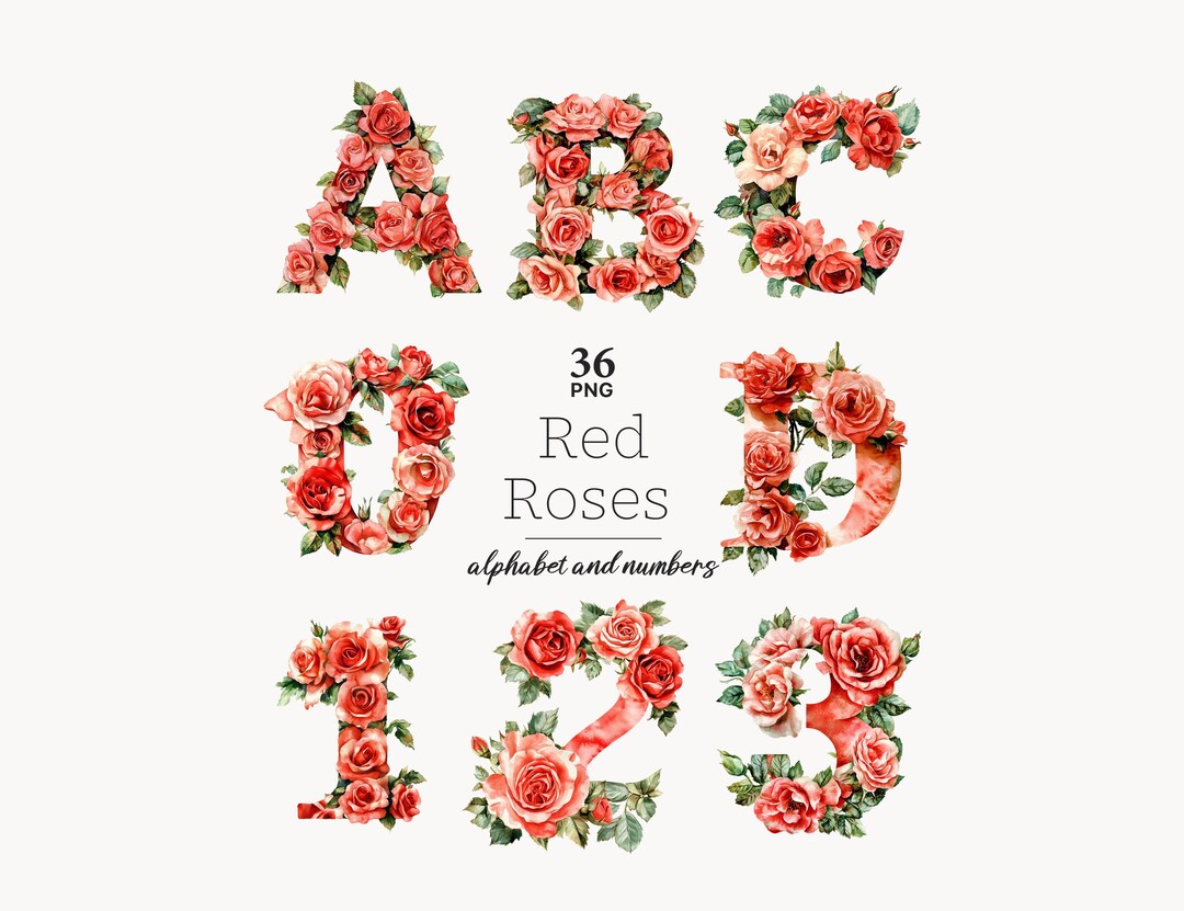 Red Roses Alphabet Printable Flowers Letters Botanical Numbers - Etsy
