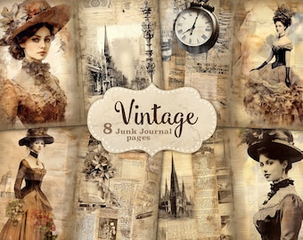 May include: Vintage style digital paper pack with eight pages featuring images of women in vintage clothing, old newspapers, and a clock. The text "Vintage 8 Junk Journal pages" is in the center of the image.