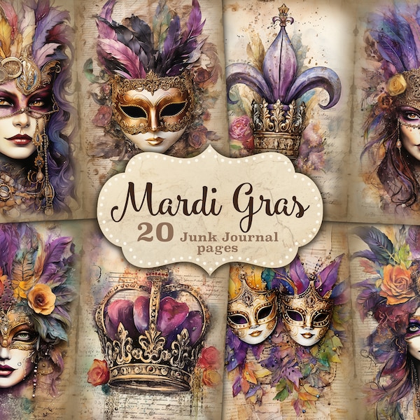 Mardy gras Junk Journal Printable Paper, Mardi Gras Junk Journal Pages, Masquerade Ephemera, Fat Tuesday Scrapbook Paper, Carnival Mask jpeg