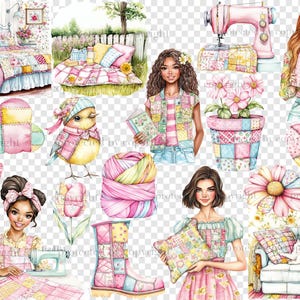 May include: A digital illustration of a patchwork theme with a variety of items including a sewing machine, a bird, a flower, a girl with a book, a girl with a pillow, a girl sewing, a yarn ball, a boot, and a quilt.