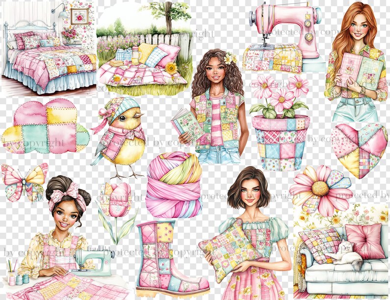 May include: A digital illustration of a patchwork theme with a variety of items including a sewing machine, a bird, a flower, a girl with a book, a girl with a pillow, a girl sewing, a yarn ball, a boot, and a quilt.