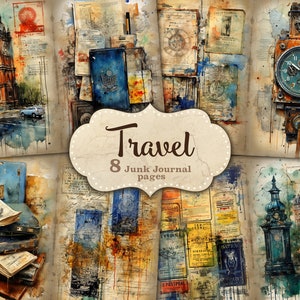 Páginas de diário de lixo de viagem, folha de colagem digital, selos de passaporte, coisas efêmeras grunge, suprimentos de diário, papel de diário de lixo vintage, arte de relógios