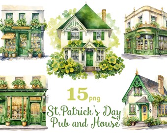 Clipart di pub e case per il giorno di San Patrizio: set di PNG con trifoglio (download digitale)