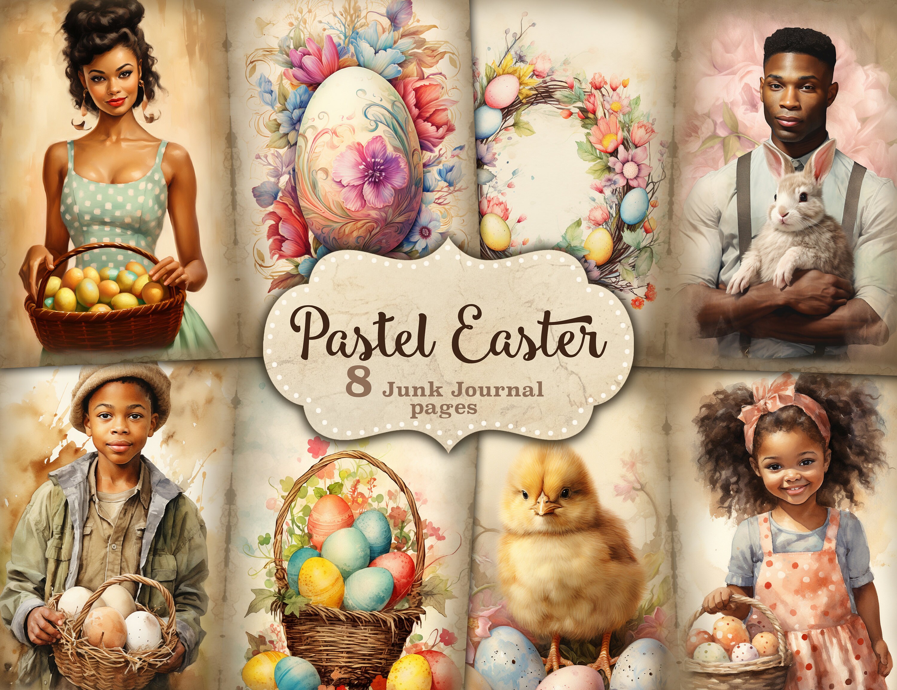 Kit de diario basura de Pascua pastel, papel imprimible de primavera, efímera de conejito de Pascua, suministros de diario basura, tarjeta de diario de animales de granja, efímera