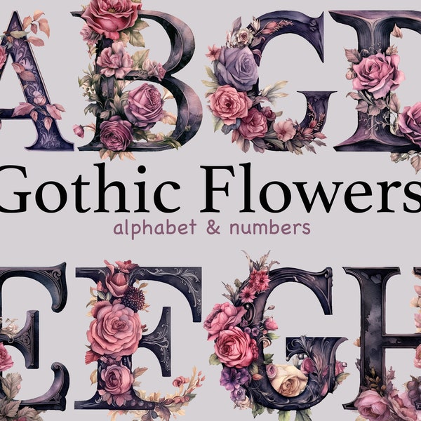 Gothic Flowers alphabet, Watercolor floral clip art wedding invitation png lettering, wedding letters, clipart png goth, Halloween alphabet