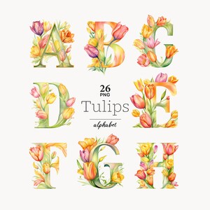 Tulips Alphabet Clipart: Spring and Summer Floral Letters PNG (digital ...