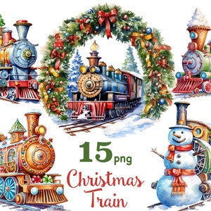 Imágenes prediseñadas de tren de Navidad, ilustraciones de tren de Navidad, descarga digital de tren de Navidad, imágenes prediseñadas de tren Polar Express de Navidad, acuarela