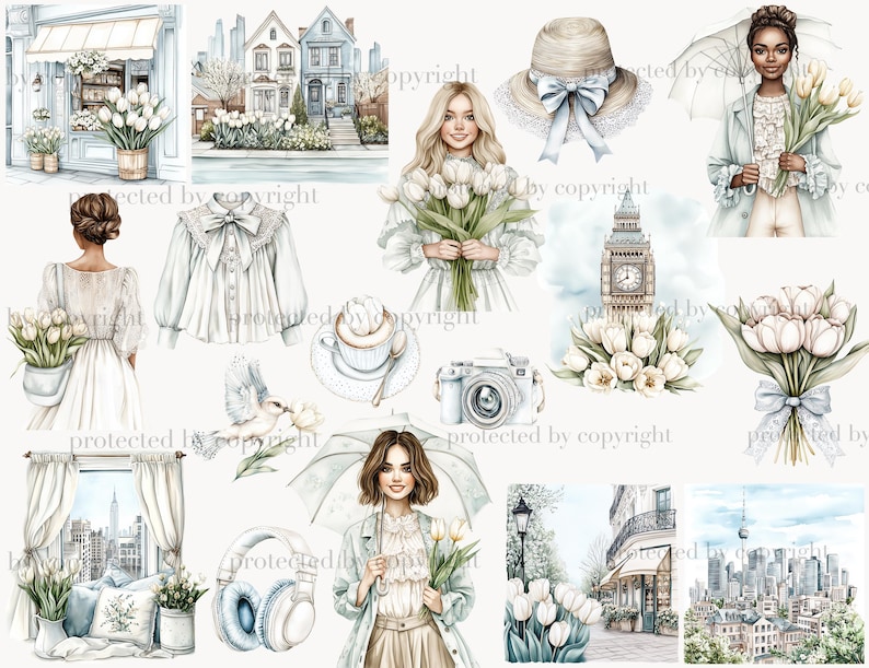 K&ouml;nnte beinhalten: Eine digitale Collage aus Aquarell-Illustrationen mit verschiedenen Szenen und Objekten, darunter eine Frau, die einen Strau&szlig; wei&szlig;er Tulpen h&auml;lt, eine wei&szlig;e Bluse mit Schleife, eine Tasse Kaffee, eine Kamera, eine Stadtlandschaft, ein Geb&auml;ude mit einem Uhrturm, ein Strau&szlig; wei&szlig;er Tulpen mit einem blauen Band, eine Frau mit einem Regenschirm, eine Frau in einem blauen Mantel, ein Hut mit einem blauen Band und eine Stadtlandschaft mit einem Turm.