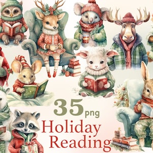 Clipart di animali da lettura natalizia, clipart di lettura invernale, clipart di animali natalizi con libri, clipart di animali vintage, grafica invernale accogliente