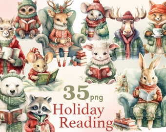 Holiday Reading Animals Clipart: Cozy Winter Graphics (PNG Files)