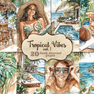 Tropische ongewenste dagboekpagina's strand plakboekkit zomer digitale download oceaanpalm collage blad eiland afdrukbaar hulameisjes vakantiepapier