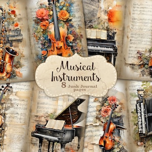 Carta stampabile per strumenti musicali, Pagine di diario spazzatura, Sfondo di note musicali, Pagine stampabili di diario digitale, Note musicali, Ephemera
