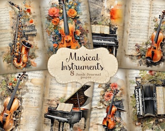 Musical Instruments Printable Paper: Vintage Music Notes, Ephemera (Digital Download)