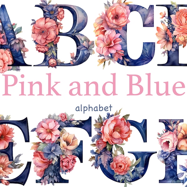 Pink and navy blue alphabet letters clipart png, Birthday alphabet png, invitation birthday png, navy blue letters, peonies alphabet, floral