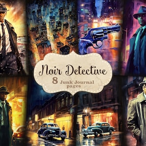 Zestaw dziennika Noire Detective Junk, wydruki samochodów zabytkowych, powieści detektywistyczne, strony dziennika zabytkowego, Neon City, lata 50., Art Noir, kryminał