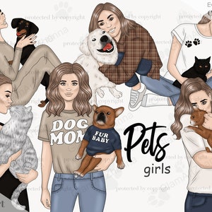 Haustiere Clipart, Mein Bester Freund Haustier Clipart für Planer Aufkleber, Haustier ClipArt, Mädchen mit Katze Clipart, Mädchen mit Hund Clipart, Mädchen mit Welpe