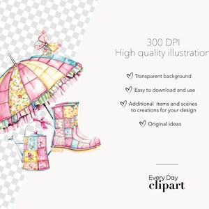 May include: A watercolor illustration of a pink and yellow patchwork umbrella, a pink and blue patchwork watering can, and a pink and blue patchwork rain boot. The illustration is on a transparent background.
