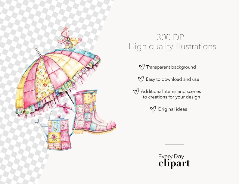 May include: A watercolor illustration of a pink and yellow patchwork umbrella, a pink and blue patchwork watering can, and a pink and blue patchwork rain boot. The illustration is on a transparent background.