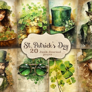 Papel de diario basura del Día de San Patricio, Hoja de collage digital, Efímera del Día de San Patricio, Página de diario basura de mujer, Día de San Patricio victoriano