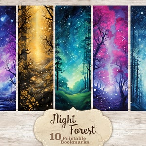 Night Forest bladwijzers, afdrukbare bladwijzers voor vrouwen, print en knip bladwijzerset, leesaccessoires, Bookmark Instant Download, collage