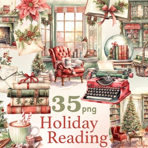 Clipart di lettura natalizia, clipart di lettura invernale, clipart di angolo di lettura, clipart natalizio accogliente per interni, png vintage di Natale, png Cottagecore