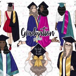 Pegatinas de planificador de niñas graduadas, imágenes prediseñadas de estudiantes universitarios para pegatinas de planificador, imágenes prediseñadas de graduación de estudiantes, imágenes prediseñadas de niñas graduadas