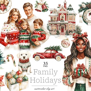 Noël vacances en famille clipart élégant classique Noël rouge vert or traditionnel Noël maman papa enfants grand-mère grand-père Noël PNG maison