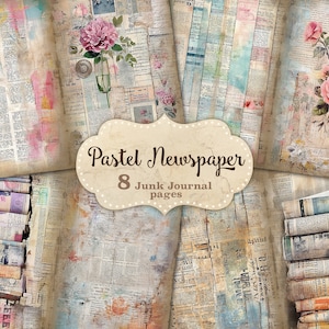 Tarjeta de diario de periódico, páginas de diario basura de periódico, papel de diario basura pastel, kit de diario basura de papel antiguo, hoja de collage digital de flores