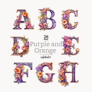 Purple and Orange Floral Alphabet Clipart: vintage flowers Letters font (PNG Digital Download) image 1