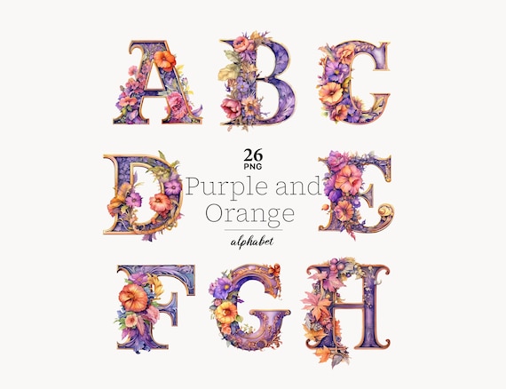 Purple and Orange Floral Alphabet Clipart: vintage flowers Letters font (PNG Digital Download)