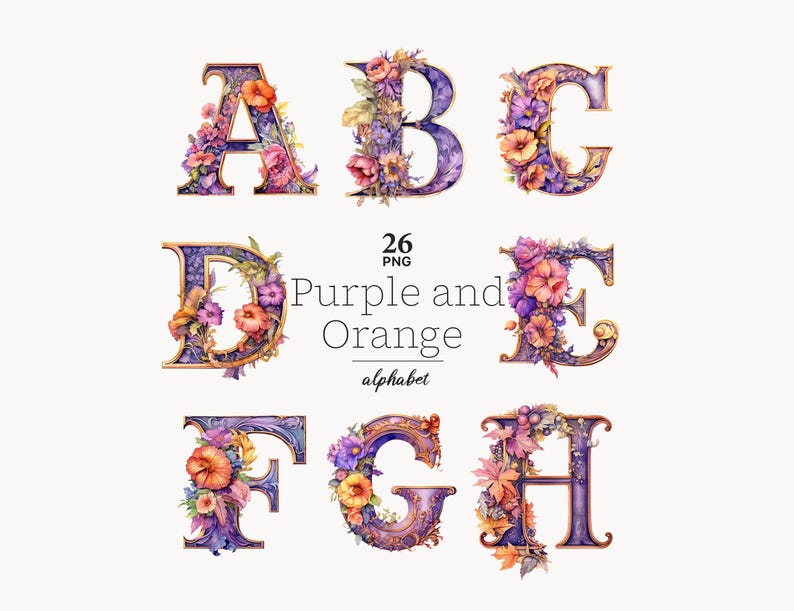 Purple and Orange Floral Alphabet Clipart: vintage flowers Letters font (PNG Digital Download) image 1