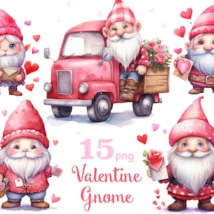 Clipart de gnomo de dia dos namorados, gnomos de dia dos namorados png, clipart de gnomos em aquarela, gnomo de dia dos namorados em aquarela, download digital de dia dos namorados