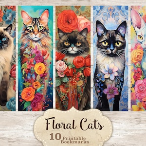 Blumen Katzen Lesezeichen digitaler Download, Lesezeichen Sofort Download, drucken und schneiden Lesezeichen, druckbare Lesezeichen Set, Leseratte digital
