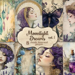 Moonlight Dreams Junk Journal pagina's Celestial Junk Journal set botanische fotocollage Starlit kit Mystical Junk Journal digitale download